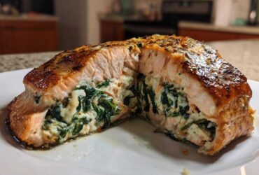 Close-up of a perfectly cooked stuffed salmon fillet cut in half, revealing creamy spinach filling inside.
