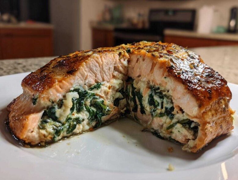 Close-up of a perfectly cooked stuffed salmon fillet cut in half, revealing creamy spinach filling inside.