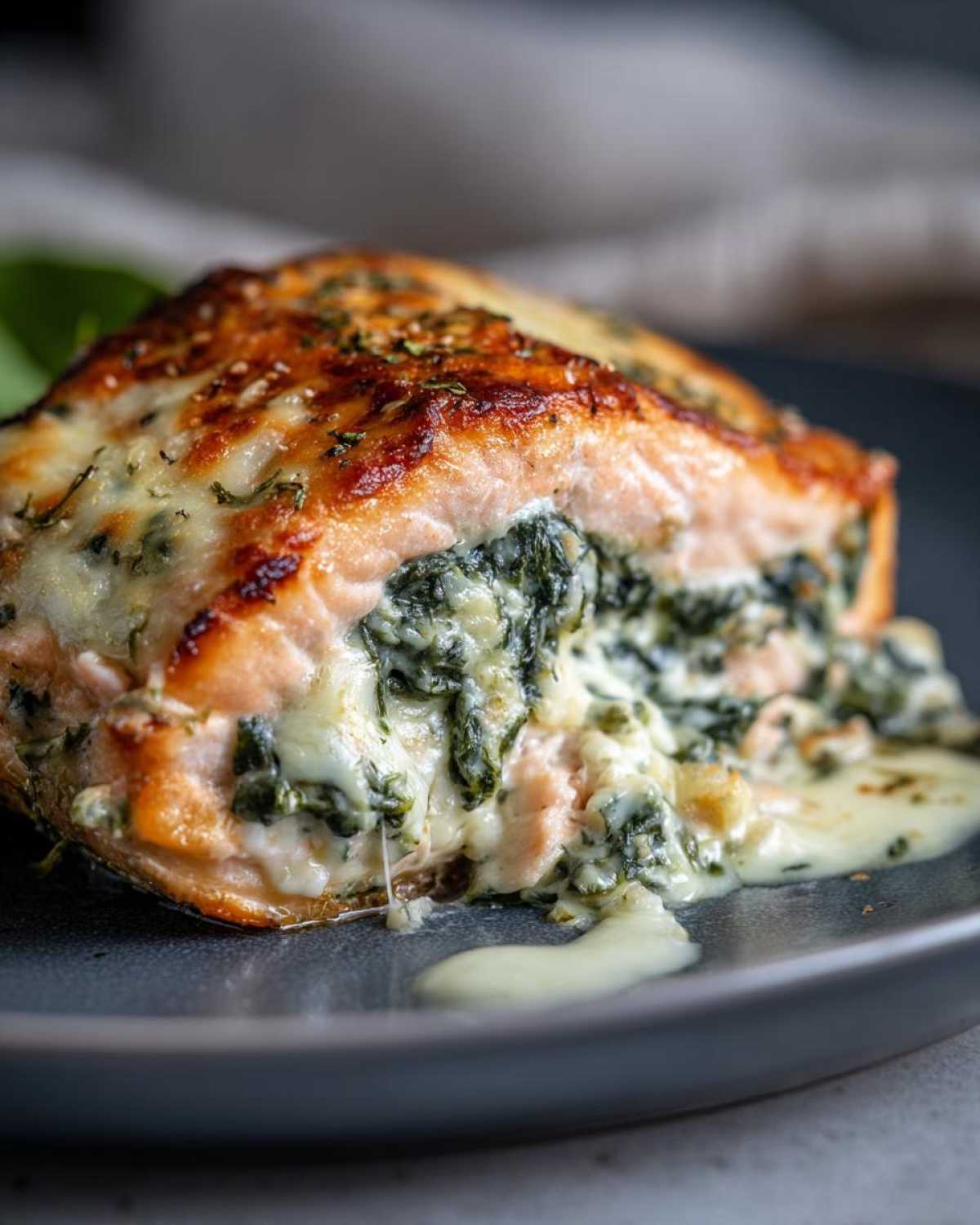 Close-up of a perfectly baked stuffed salmon fillet overflowing with creamy spinach and melted cheese.