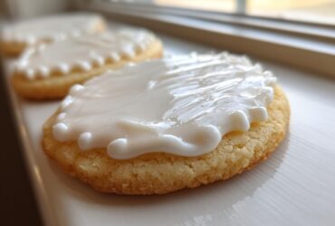 Close-up of a round sugar cookie topped with thick, glossy white sugar cookie icing recipe frosting.