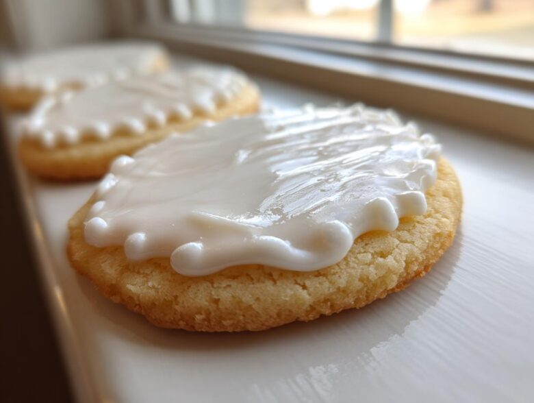 Close-up of a round sugar cookie topped with thick, glossy white sugar cookie icing recipe frosting.