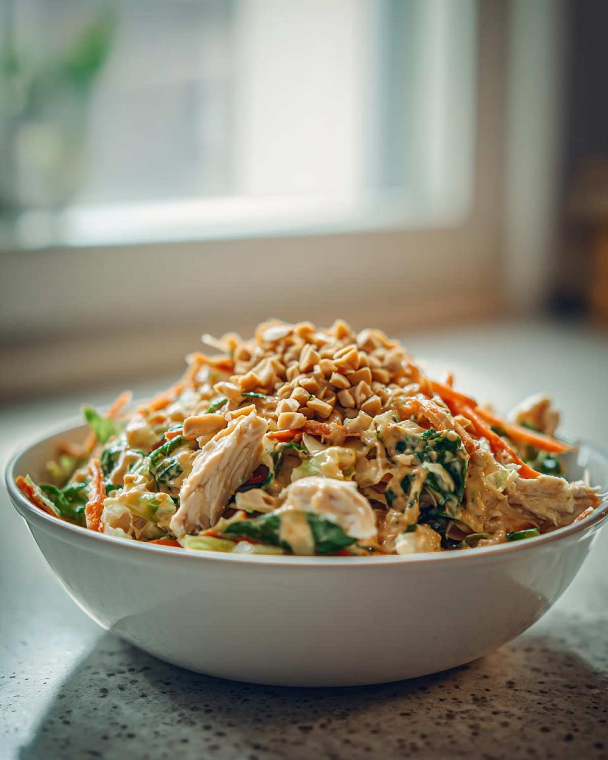 A white bowl filled with creamy Thai chicken salad, topped generously with chopped peanuts.