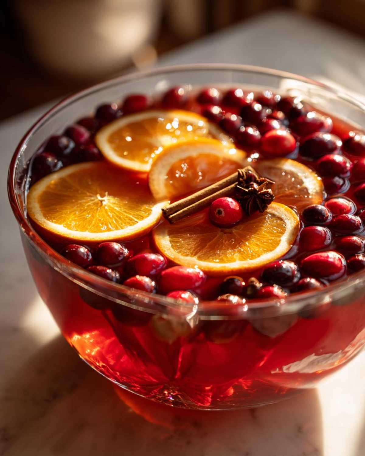 Close-up of a festive Thanksgiving punch in a glass bowl garnished with orange slices, whole cranberries, cinnamon sticks, and star anise.