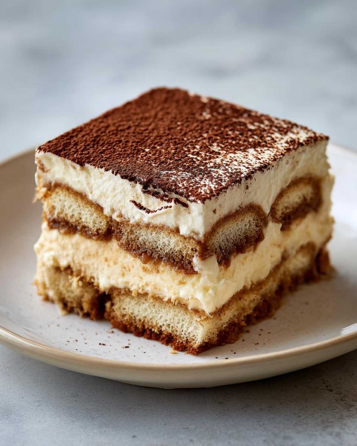 Close-up of a layered slice of tiramisu recipe dessert dusted with cocoa powder.