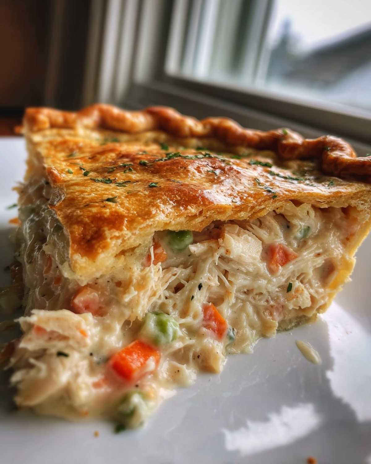 A close-up of a generous slice of turkey pot pie recipe showing creamy filling, shredded turkey, carrots, and peas under a golden, flaky crust.