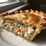 Close-up of a slice of turkey pot pie recipe showing flaky golden crust and creamy filling with shredded turkey, carrots, and peas.