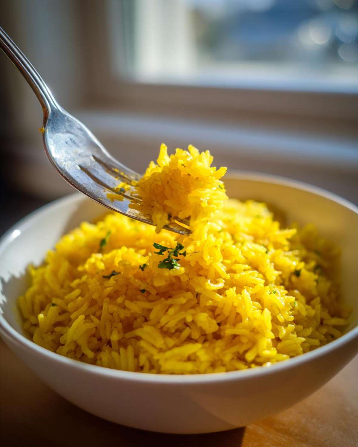 A fork lifting a bite of bright yellow turmeric rice from a white bowl.