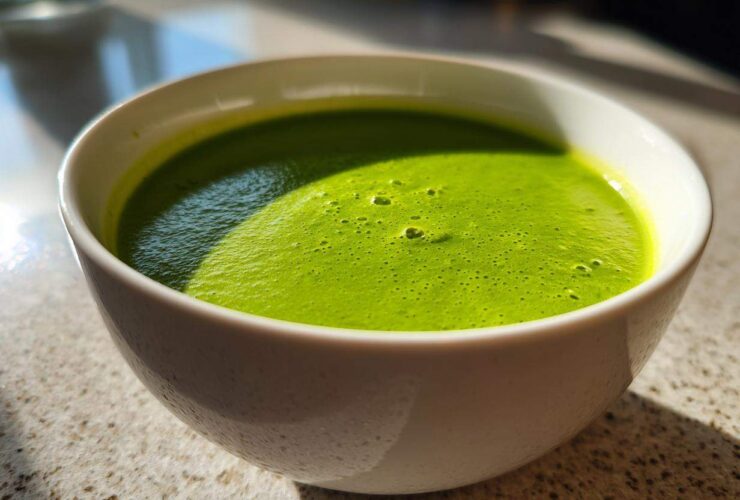 Close-up of vibrant green asparagus soup with a slight froth, served in a white bowl.