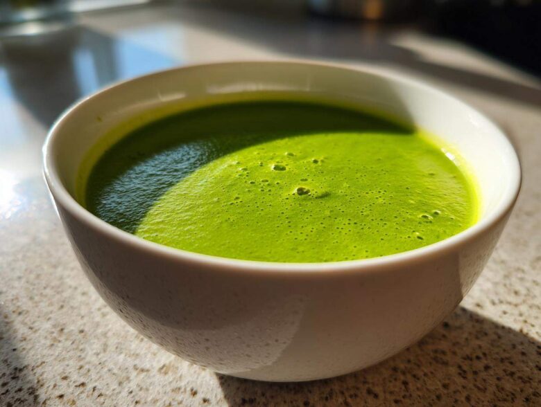 Close-up of vibrant green asparagus soup with a slight froth, served in a white bowl.