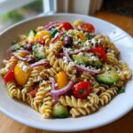 Close-up of a bowl of greek pasta salad featuring rotini pasta, cucumbers, tomatoes, red onion, feta, and olives.