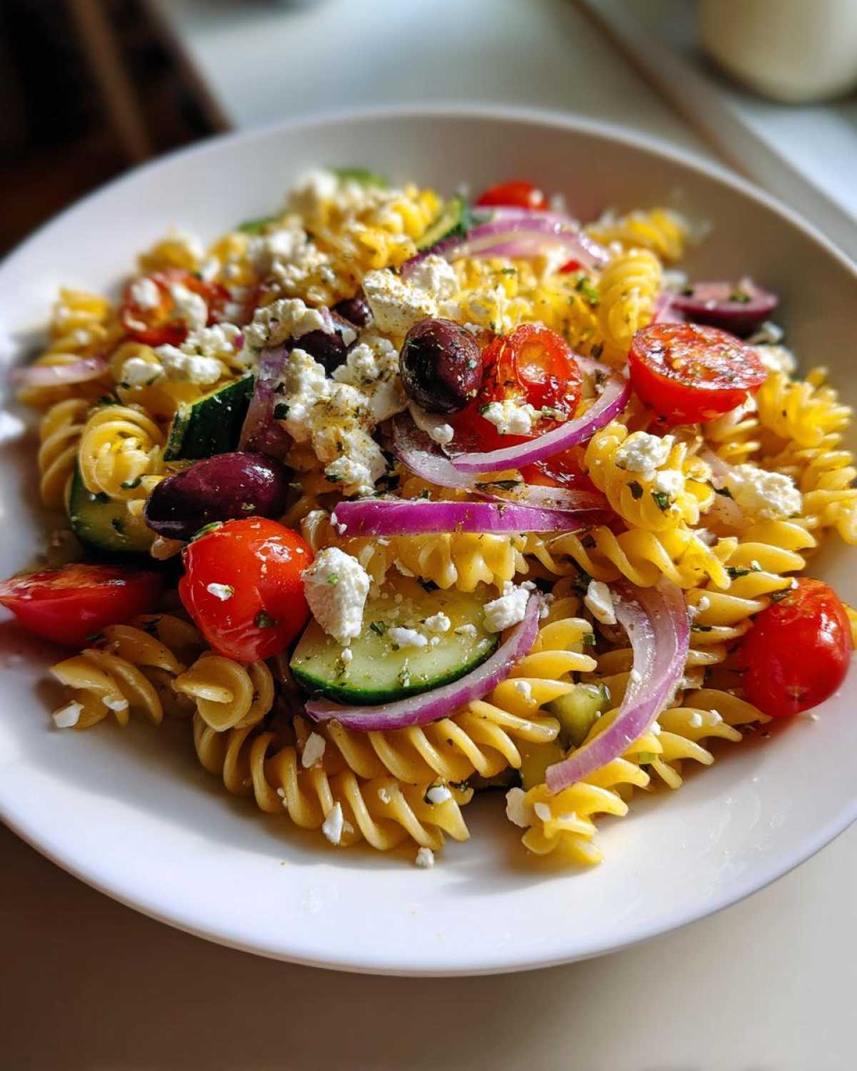 Close-up of a vibrant greek pasta salad featuring rotini pasta, cherry tomatoes, cucumber, red onion, olives, and feta cheese.