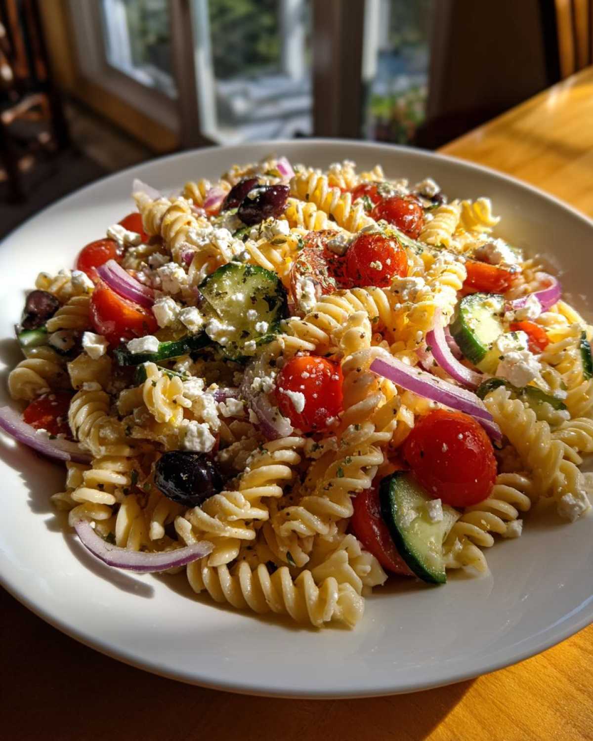 A close-up of a bowl filled with fresh greek pasta salad featuring rotini, cherry tomatoes, cucumbers, red onion, and feta cheese.