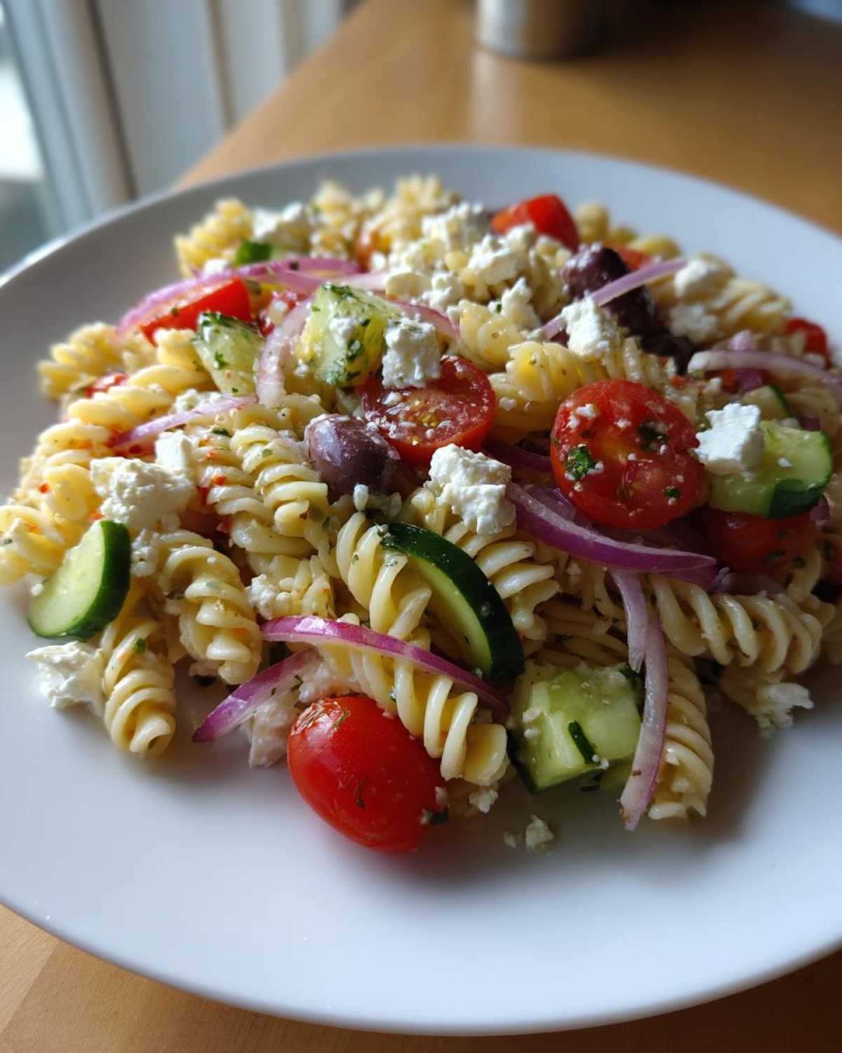 A close-up of a vibrant greek pasta salad featuring fusilli, feta cheese, cherry tomatoes, cucumbers, and red onion.