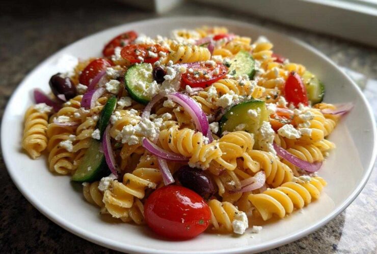 Close-up of a vibrant greek pasta salad featuring rotini pasta, cucumber, cherry tomatoes, red onion, Kalamata olives, and feta cheese.