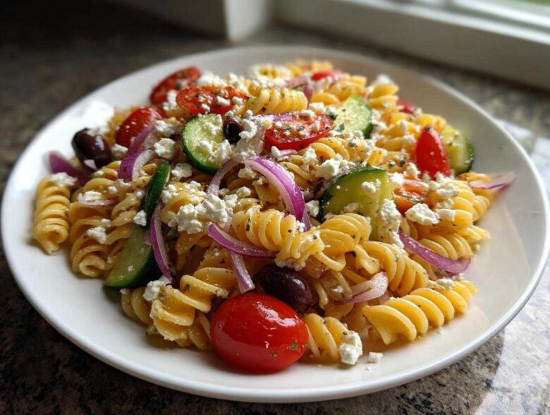Close-up of a vibrant greek pasta salad featuring rotini pasta, cucumber, cherry tomatoes, red onion, Kalamata olives, and feta cheese.