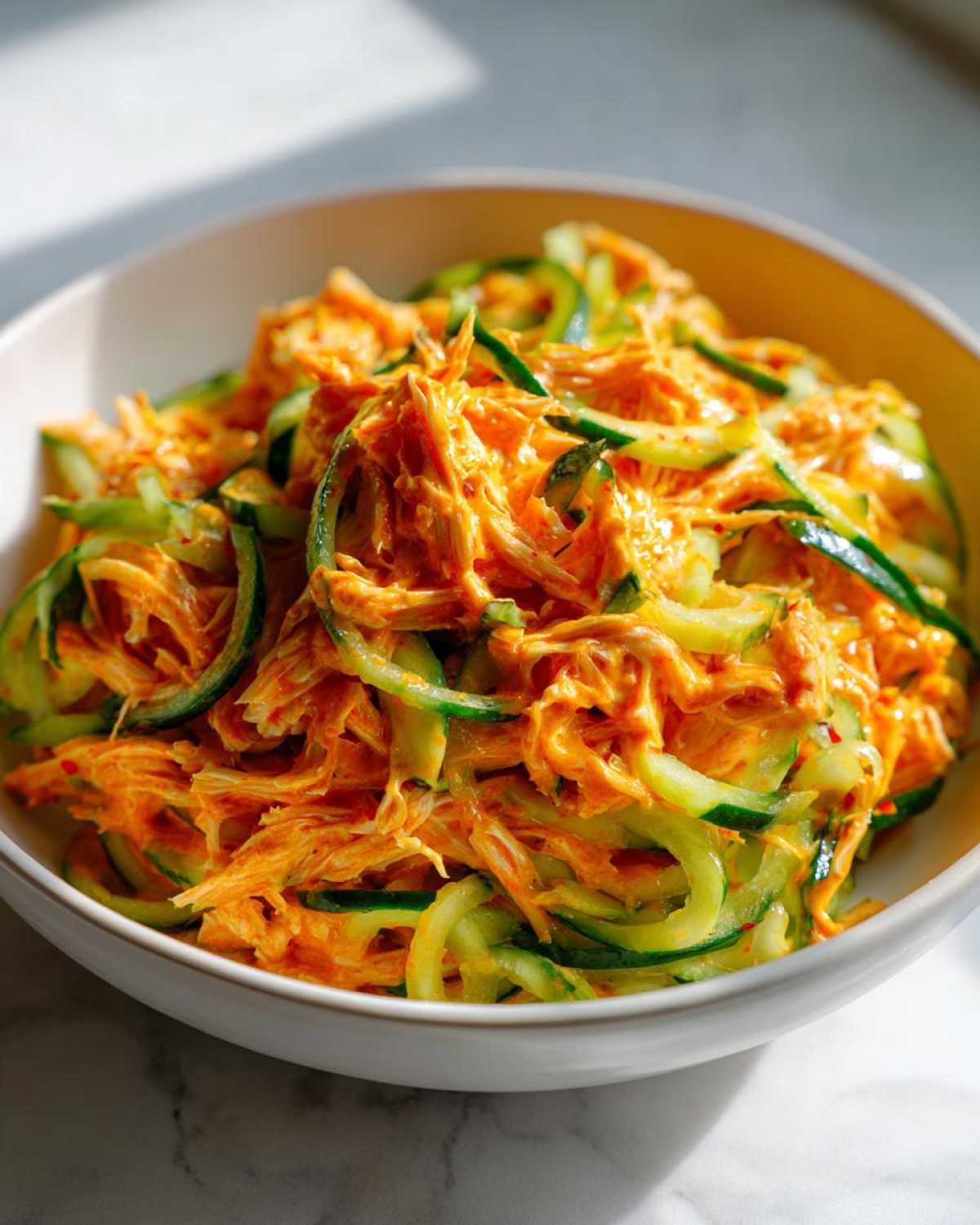 Close-up of a bowl of spicy kani salad featuring shredded imitation crab mixed with creamy orange dressing and thin cucumber ribbons.