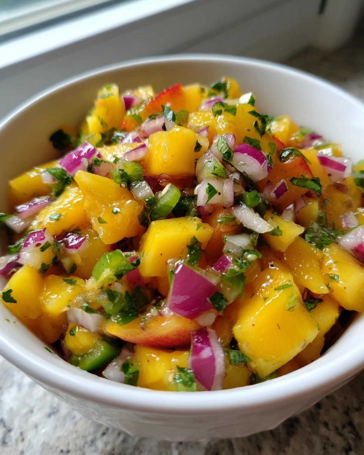 Close-up of a white bowl filled with bright yellow peach salsa, featuring diced peaches, red onion, and cilantro.