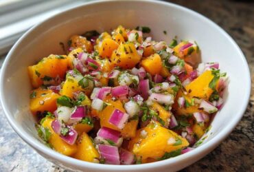 Close-up of vibrant homemade peach salsa featuring diced orange peaches, red onion, and cilantro in a white bowl.