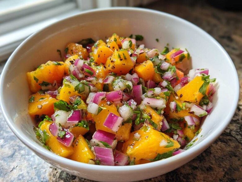 Close-up of vibrant homemade peach salsa featuring diced orange peaches, red onion, and cilantro in a white bowl.