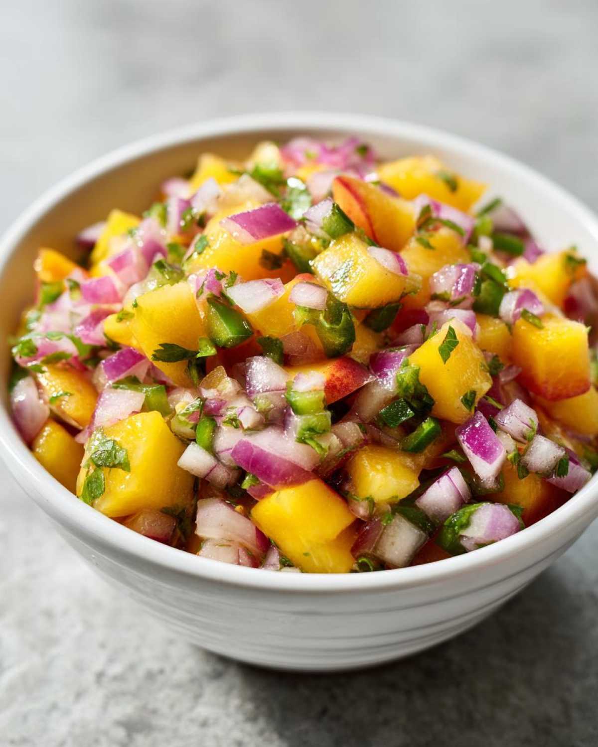 Close-up of a white bowl filled with fresh peach salsa, featuring diced yellow peaches, red onion, and green jalapeño.