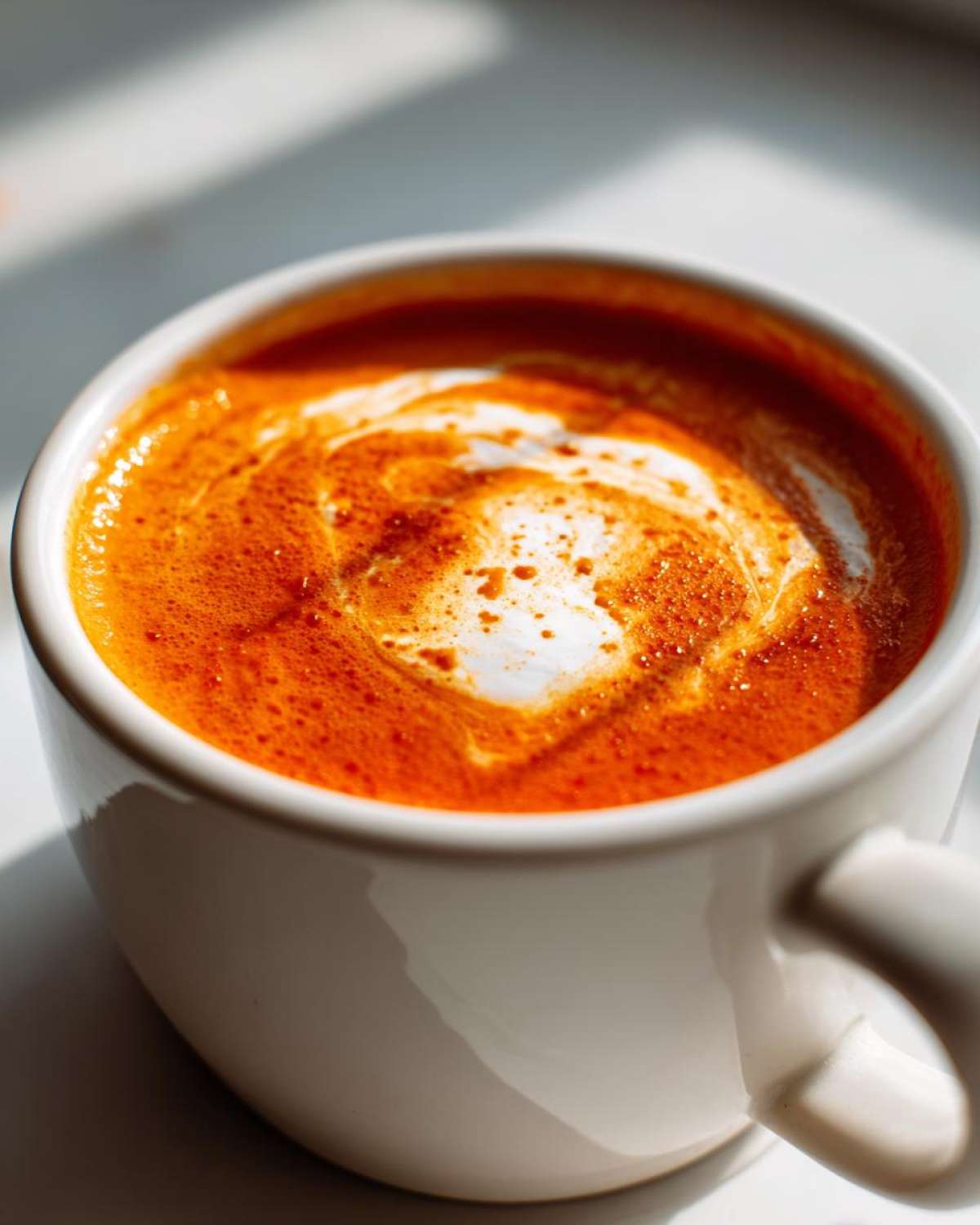 Close-up of vibrant orange roasted tomato soup in a white mug, topped with a swirl of cream.