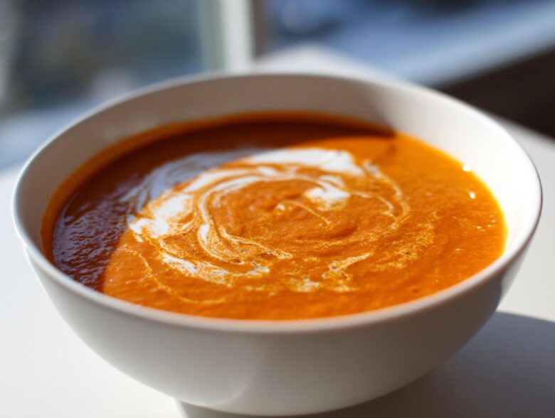 A close-up of vibrant orange roasted tomato soup in a white bowl, swirled with cream.