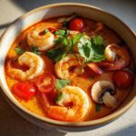 Close-up overhead shot of a vibrant, creamy orange bowl of tom yum soup featuring large shrimp, cherry tomatoes, and mushrooms.