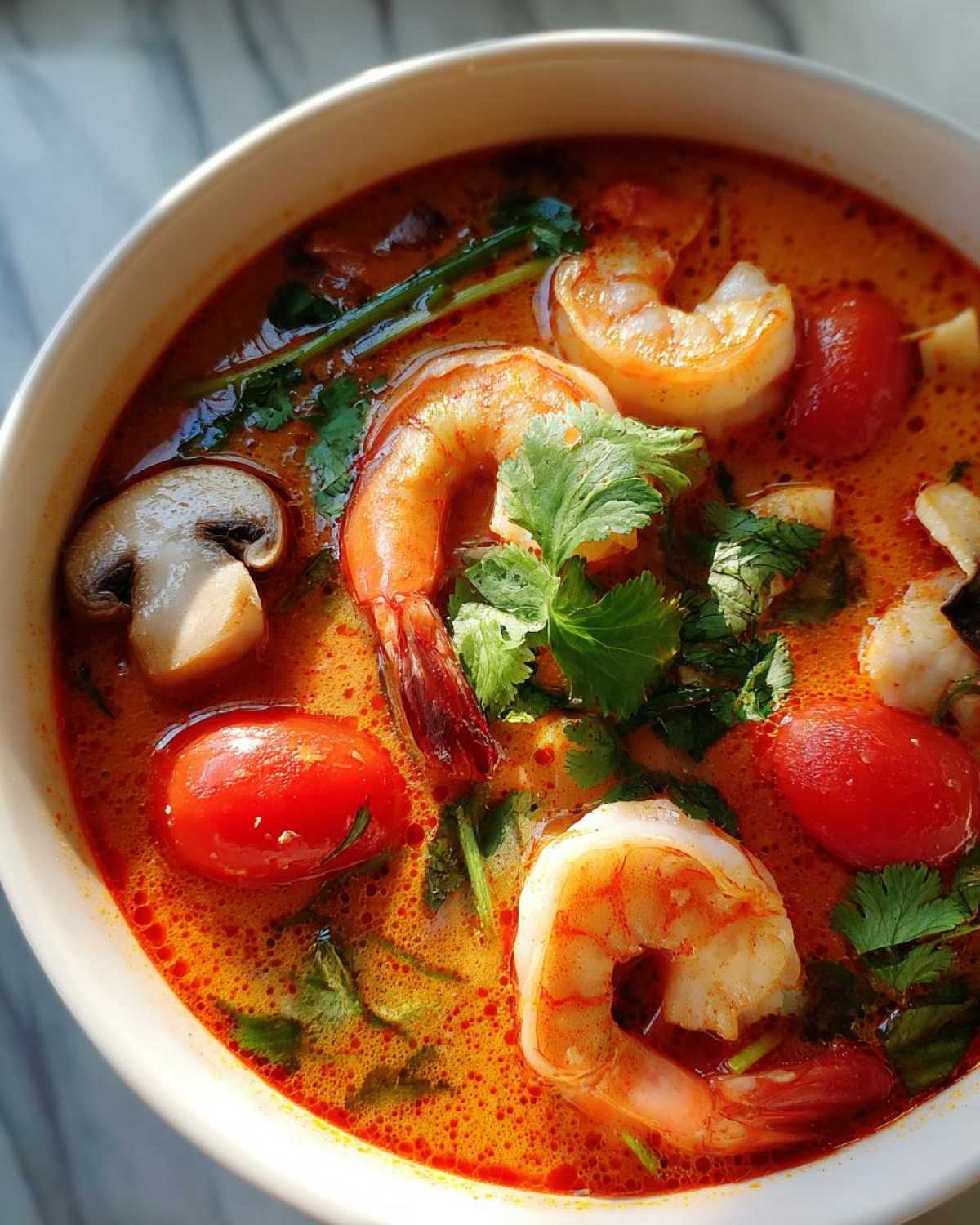 Close-up of a white bowl filled with rich, orange-red tom yum soup featuring large shrimp, cherry tomatoes, and cilantro.
