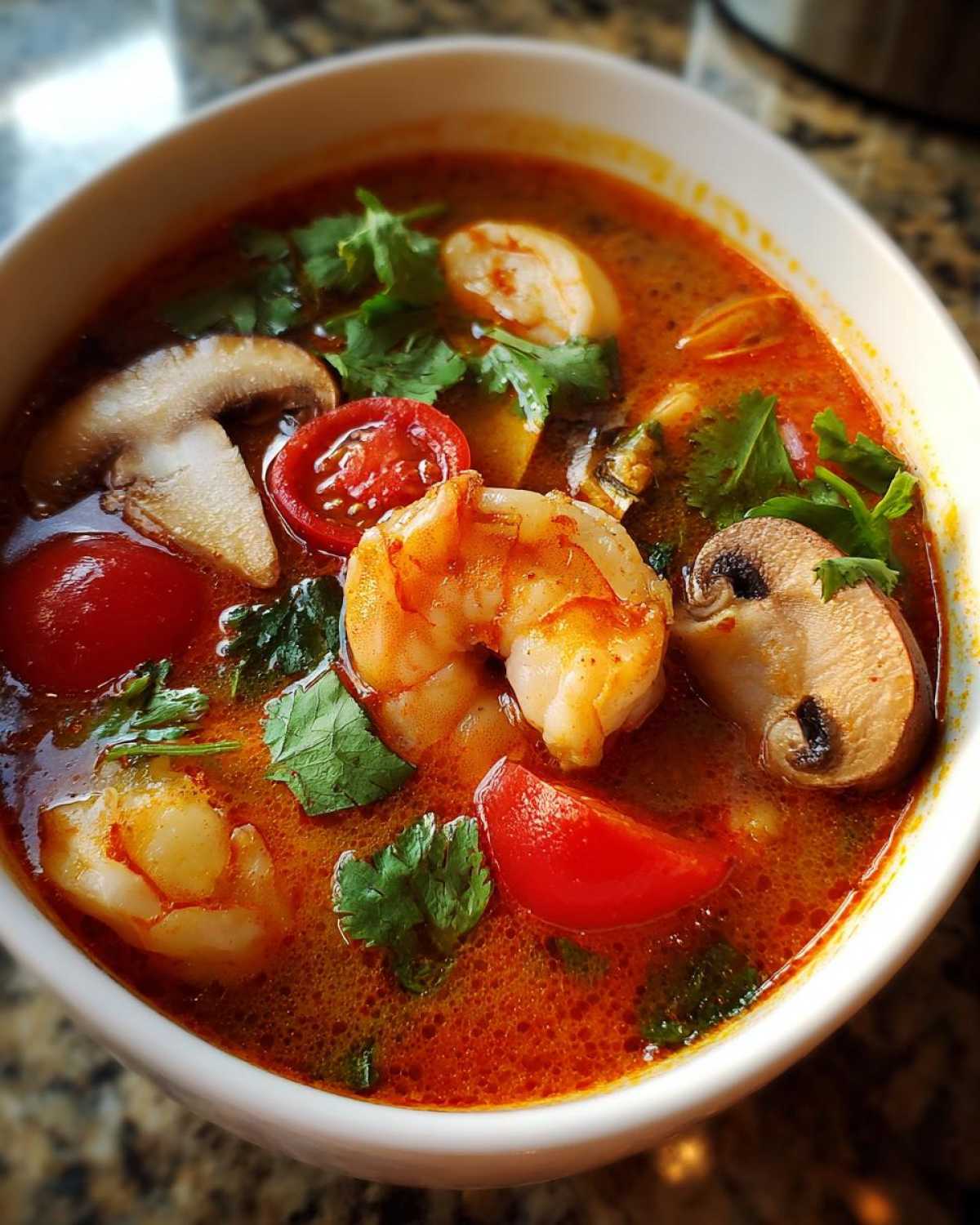 Close-up of a steaming bowl of spicy orange tom yum soup featuring large shrimp, sliced mushrooms, and cherry tomatoes.