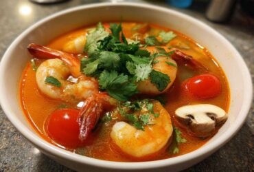 Close-up of a steaming bowl of vibrant red tom yum soup featuring large shrimp, cherry tomatoes, mushrooms, and fresh cilantro.