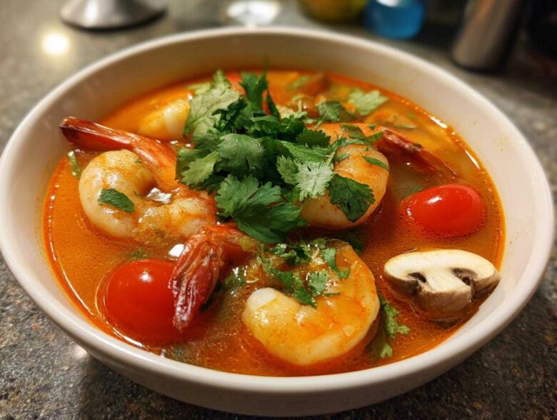 Close-up of a steaming bowl of vibrant red tom yum soup featuring large shrimp, cherry tomatoes, mushrooms, and fresh cilantro.