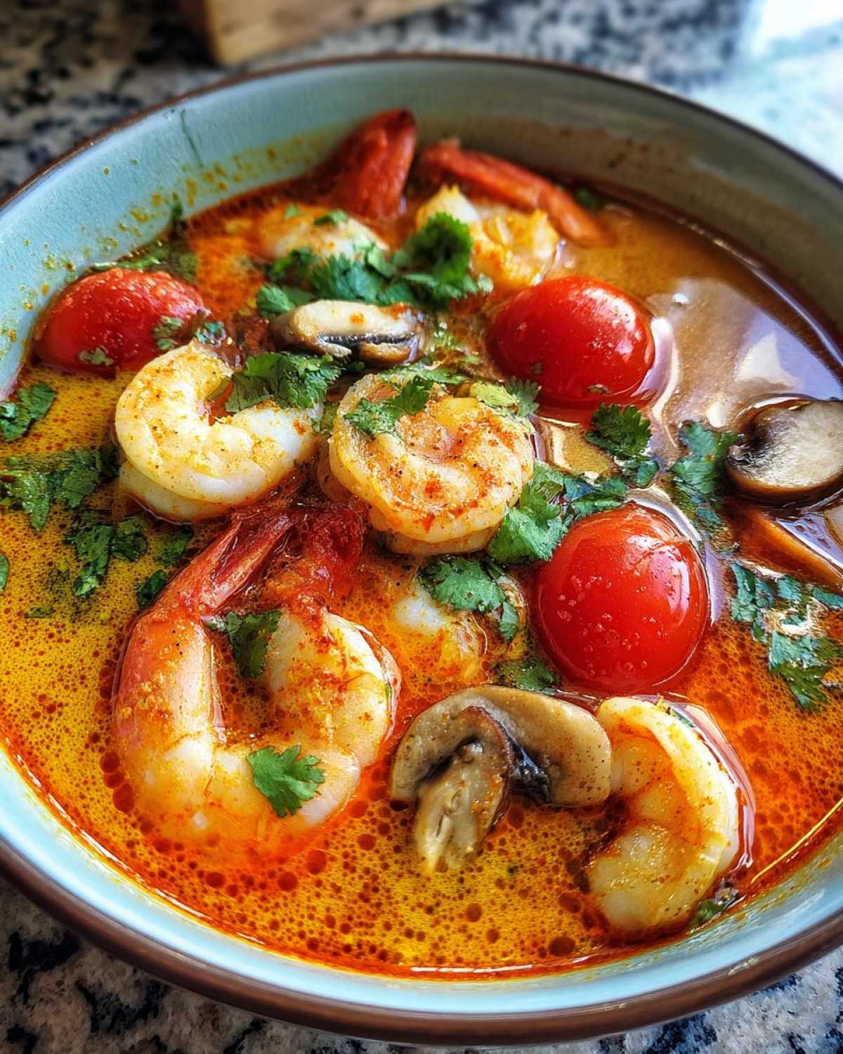 Close-up of a vibrant, creamy orange tom yum soup filled with large shrimp, cherry tomatoes, and mushrooms.