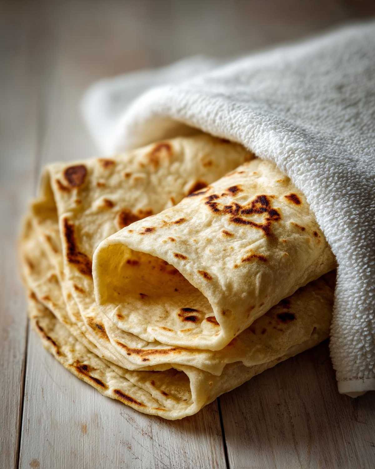A stack of freshly made, warm corn tortillas wrapped partially in a white cloth on a wooden surface.