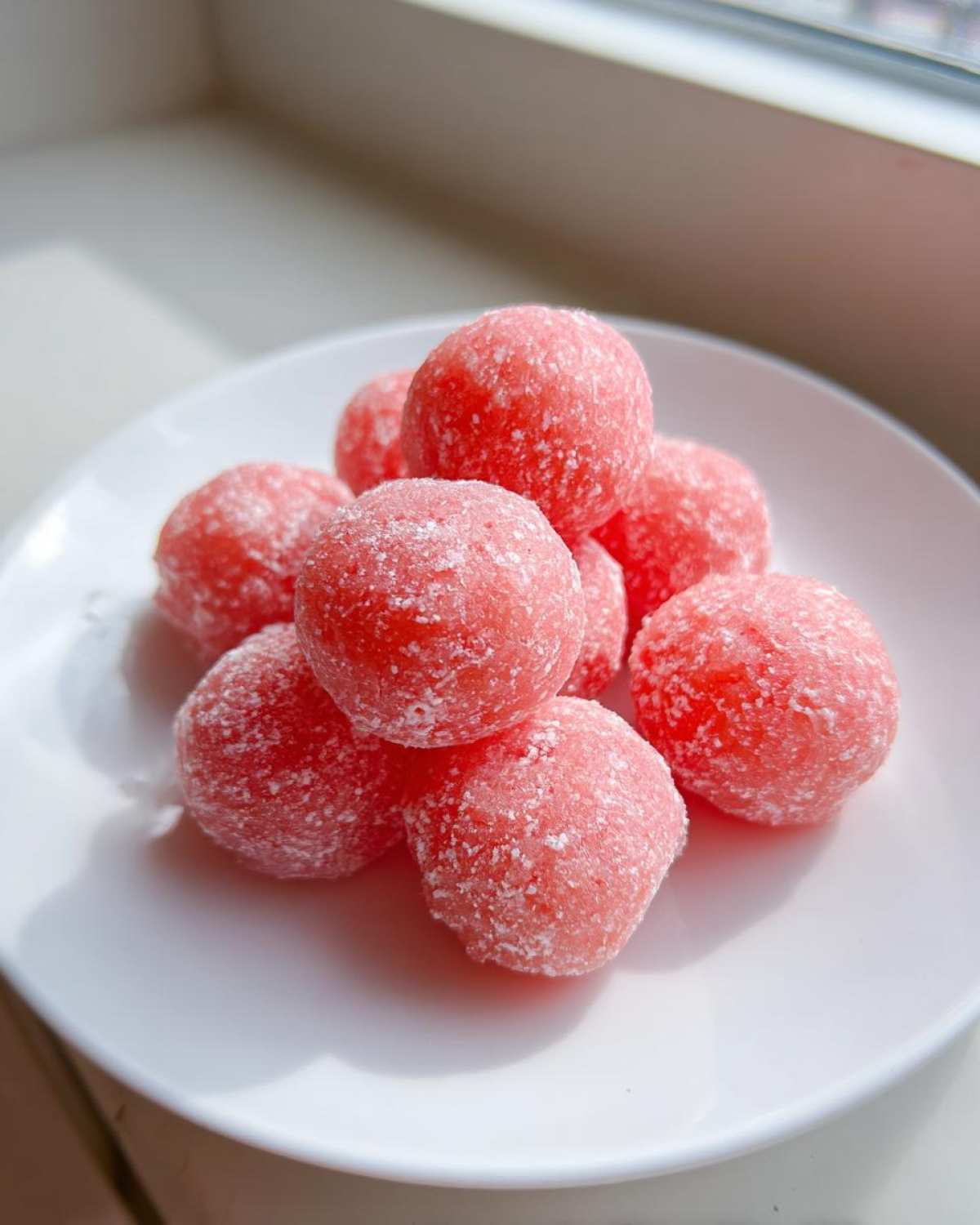 A pile of bright pink, round watermelon mochi dusted with white powder, sitting on a white plate.