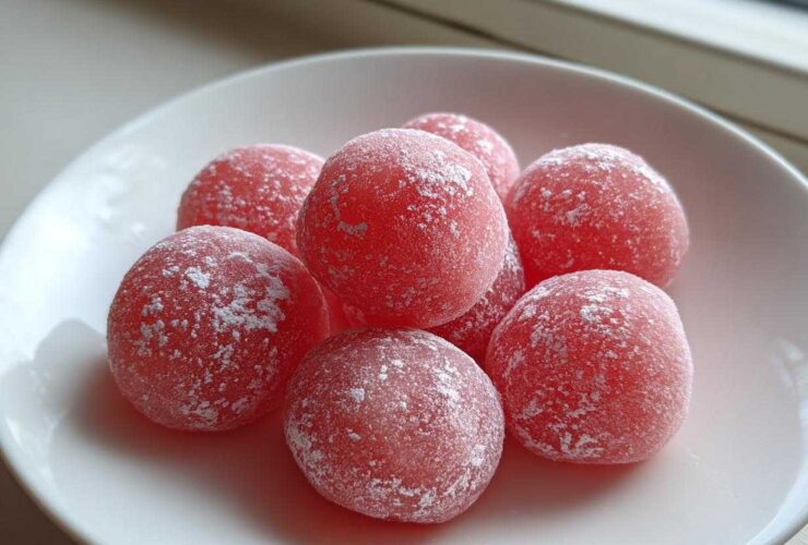 A close-up of several bright pink, round watermelon mochi dusted lightly with white powdered sugar, resting on a white plate.