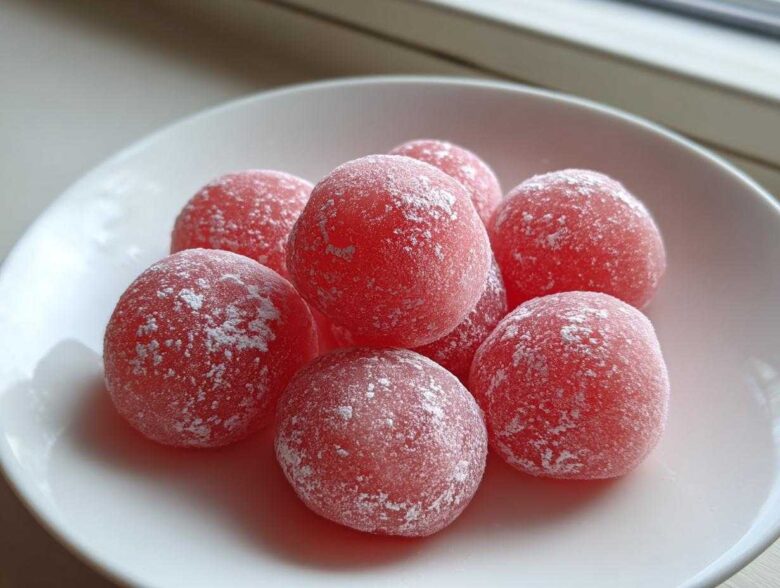 A close-up of several bright pink, round watermelon mochi dusted lightly with white powdered sugar, resting on a white plate.