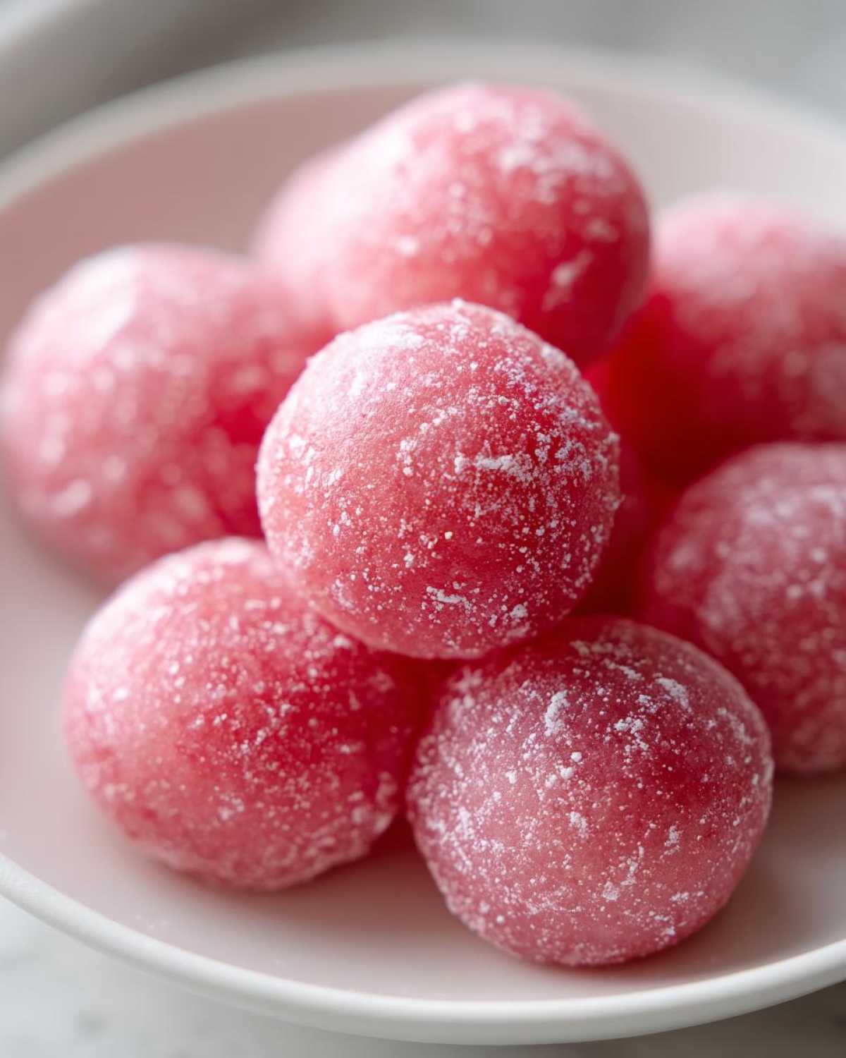 A close-up shot of several bright pink, round watermelon mochi dusted with white powder, served in a white bowl.