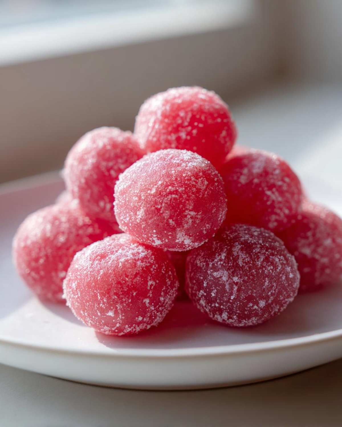 A close-up stack of bright pink, sugar-dusted watermelon mochi balls resting on a white plate.