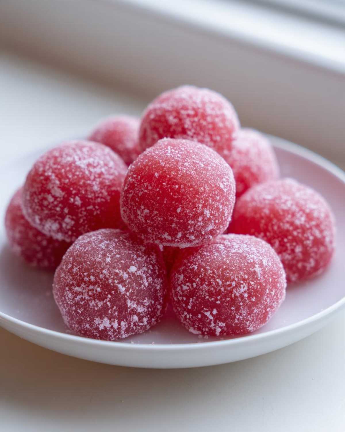 A close-up of several bright pink, round watermelon mochi pieces generously coated in white sugar.