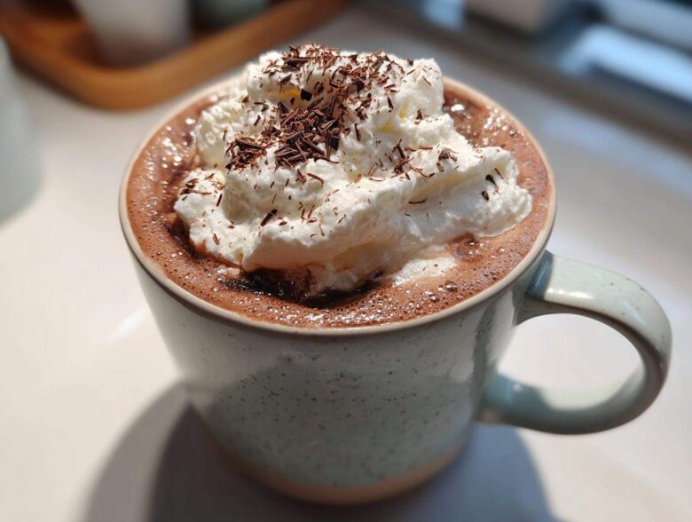 Close-up of a mug filled with rich whipped hot chocolate topped generously with whipped cream and chocolate shavings.