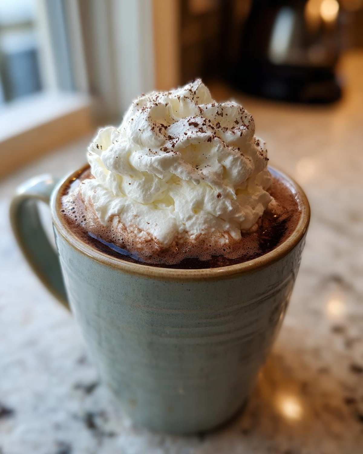 Close-up of a mug filled with rich whipped hot chocolate topped with a generous swirl of whipped cream and chocolate shavings.