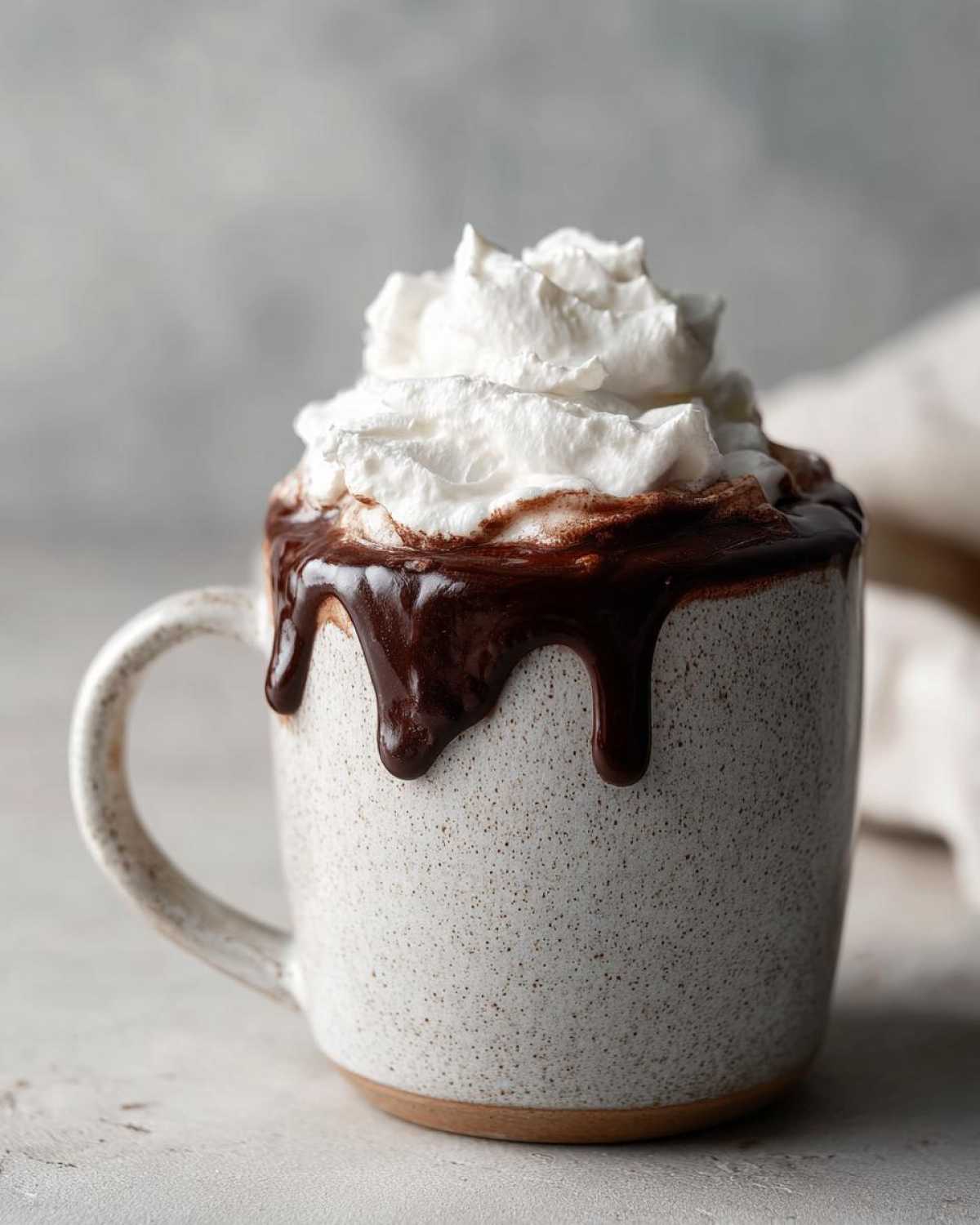 Close-up of a mug filled with whipped hot chocolate, topped with whipped cream and dripping chocolate sauce.
