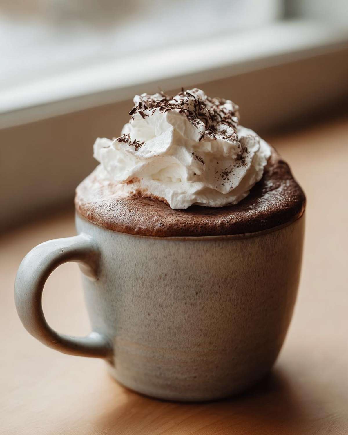A mug of rich, dark whipped hot chocolate topped with a generous swirl of whipped cream and chocolate shavings.
