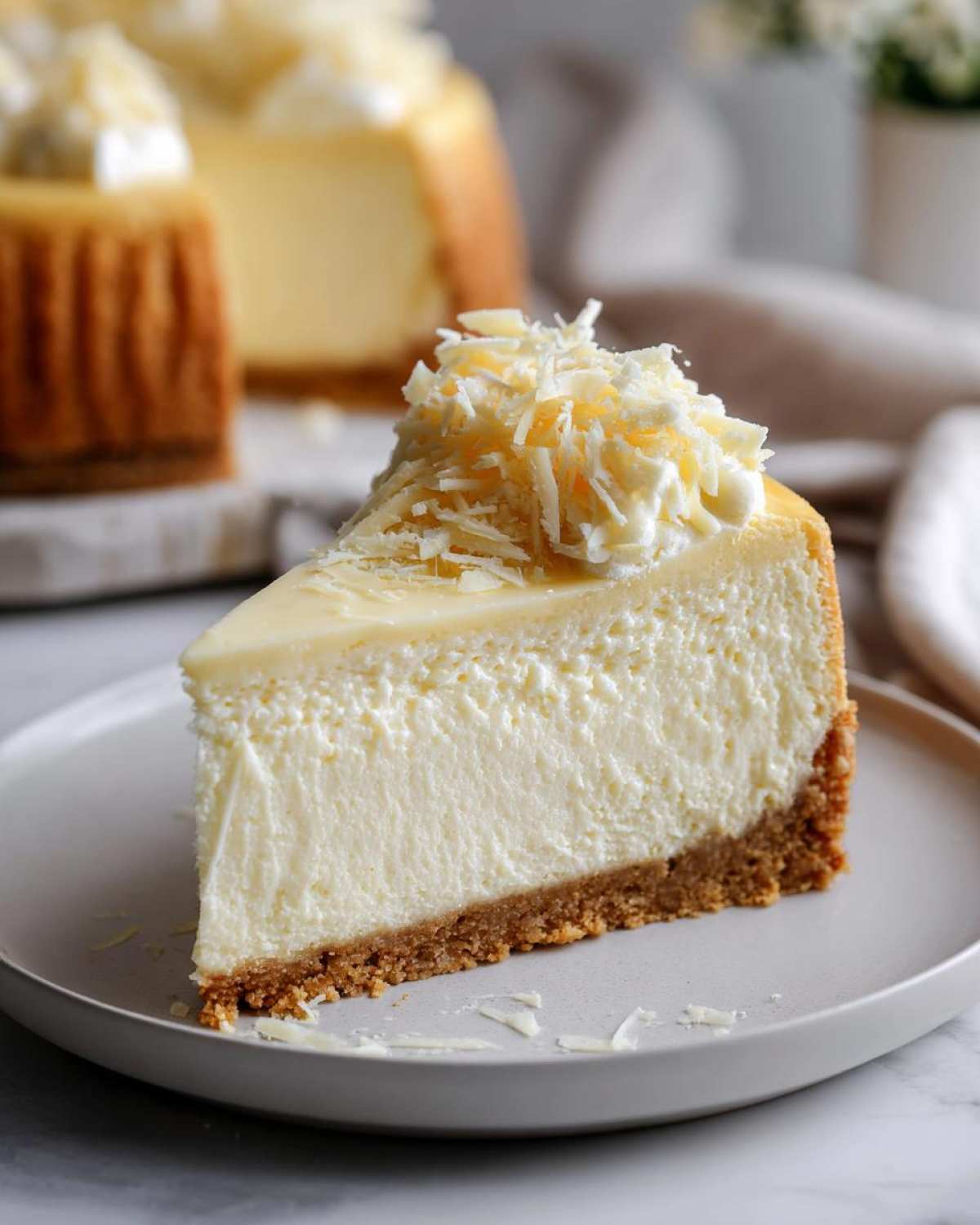 A thick slice of creamy white chocolate cheesecake with a graham cracker crust, topped with whipped cream and white chocolate shavings.