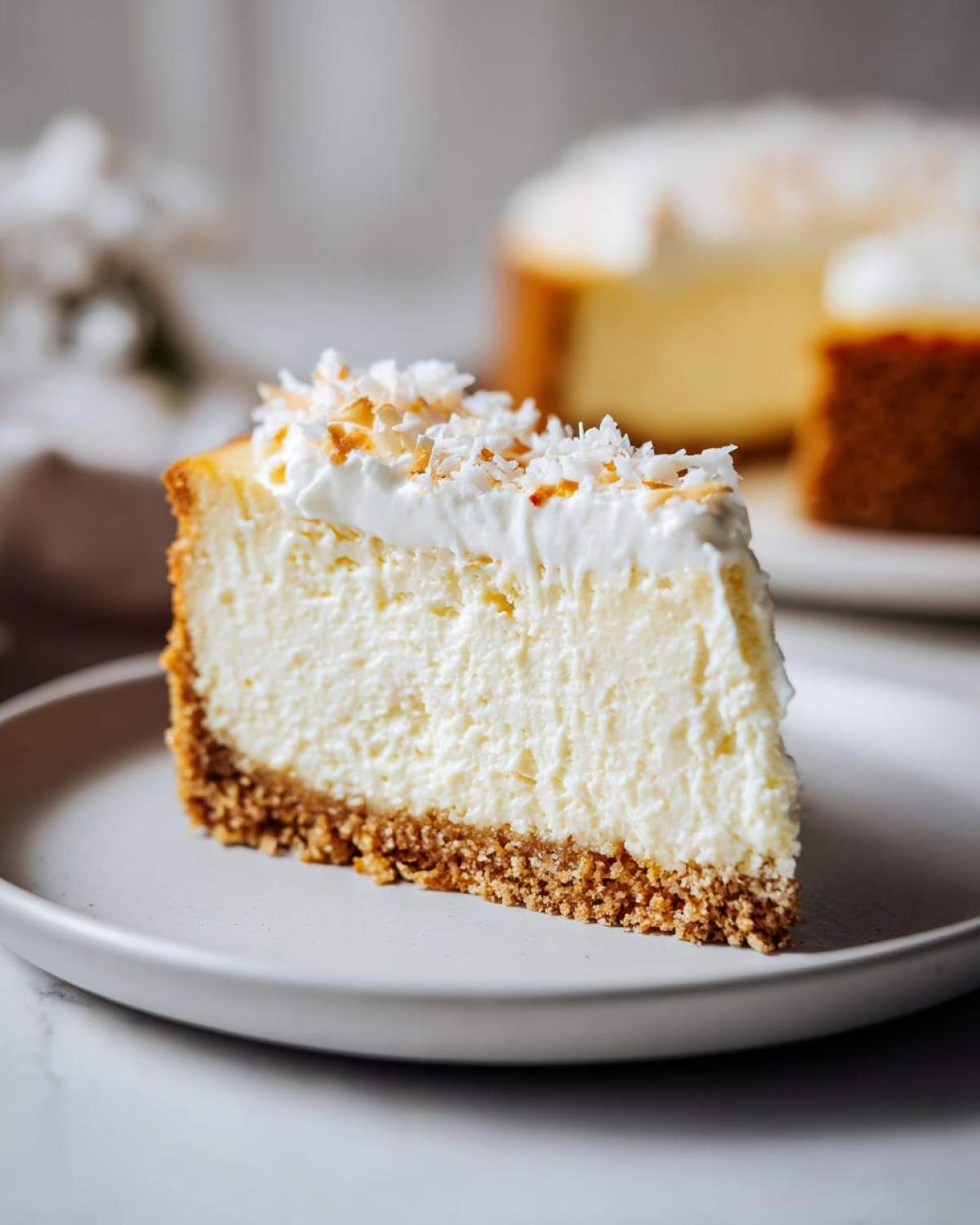 A creamy slice of white chocolate cheesecake with a graham cracker crust, topped with whipped cream and toasted coconut.