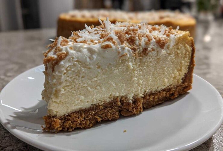 A thick slice of creamy white chocolate cheesecake with a graham cracker crust and topped with whipped cream and toasted coconut.
