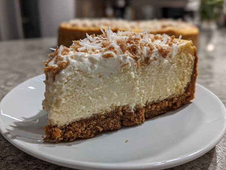 A thick slice of creamy white chocolate cheesecake with a graham cracker crust and topped with whipped cream and toasted coconut.