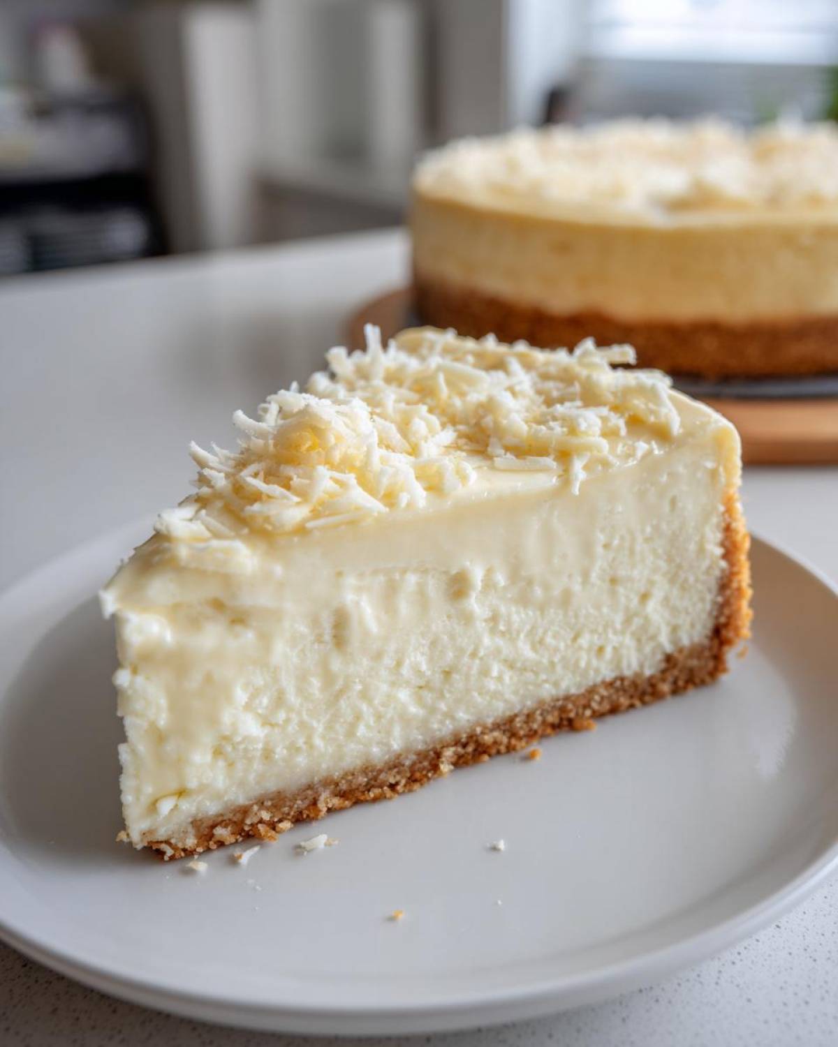 A close-up of a rich slice of white chocolate cheesecake topped with white chocolate shavings, with the full cake blurred in the background.