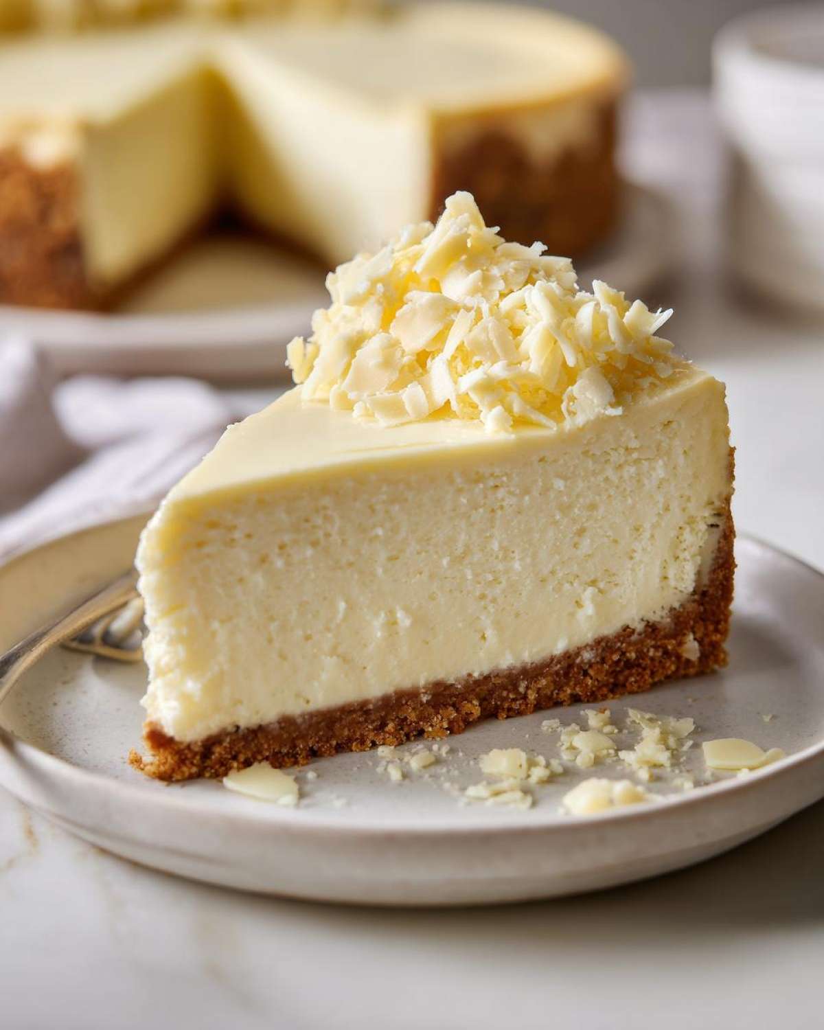 A close-up of a creamy slice of white chocolate cheesecake topped with white chocolate shavings.