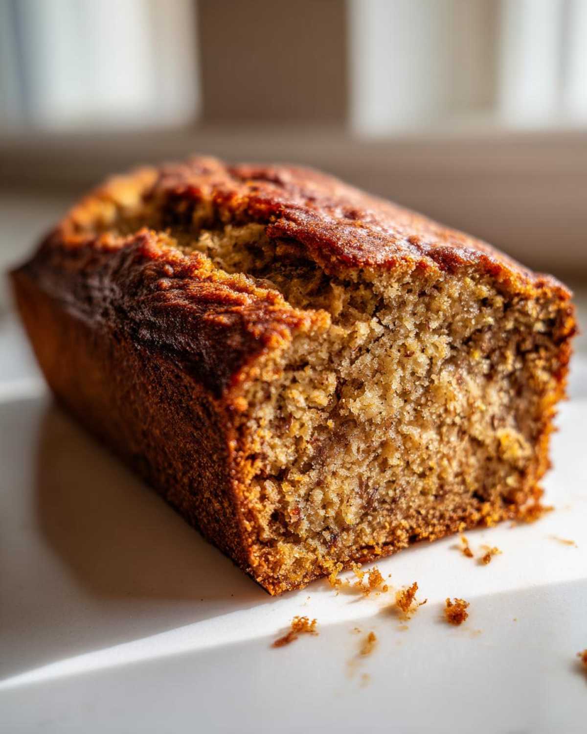 Close-up of a freshly baked zucchini banana bread loaf showing its moist, textured interior and dark crust.